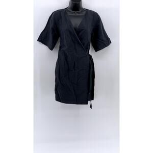 COS Women's Black Linen-Cotton Short Sleeve V-Neck Wrap Mini Dress SZ XS